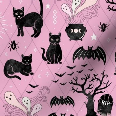 Black cats and bats witchy halloween - pink - large