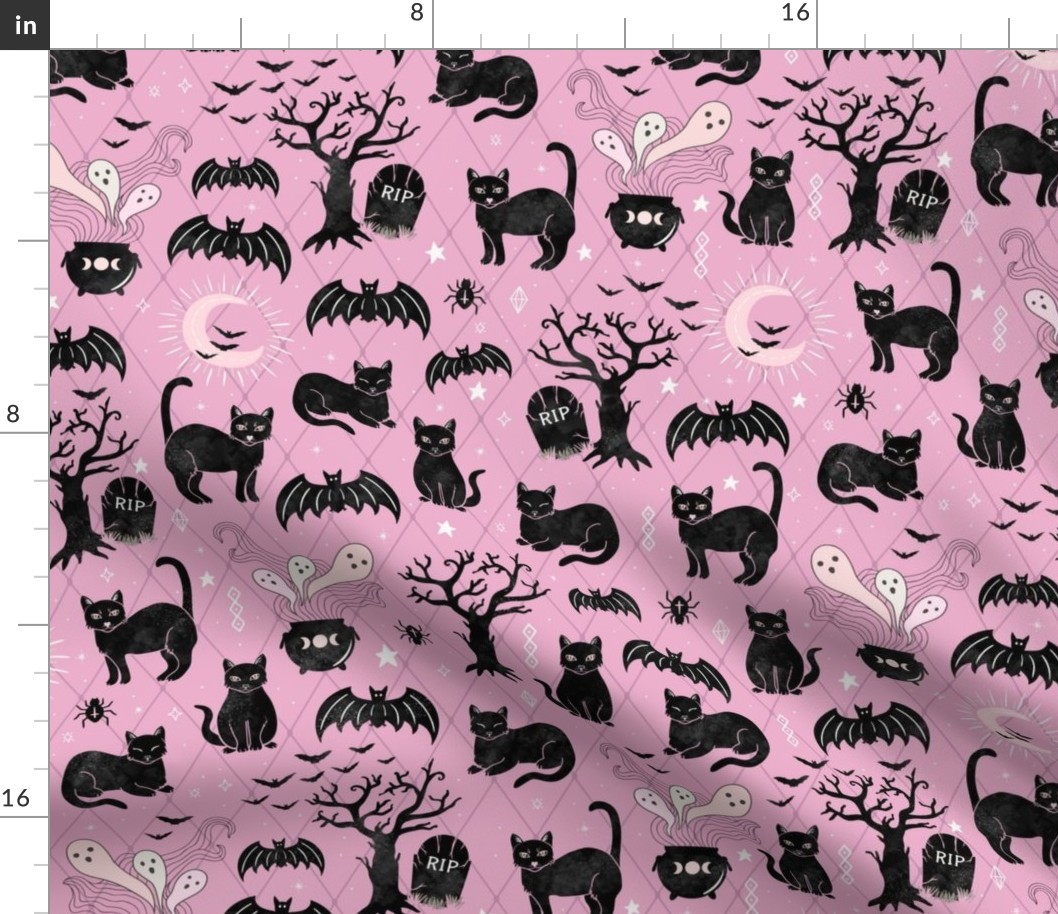 Black cats and bats witchy halloween - pink - large