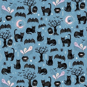 Black cats and bats witchy halloween  - blue - large