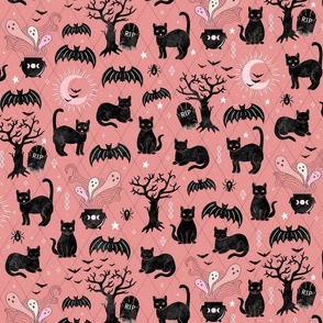 Black cats and bats witchy halloween - coral - large