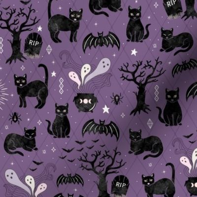 Black cats and bats witchy halloween  - purple - medium