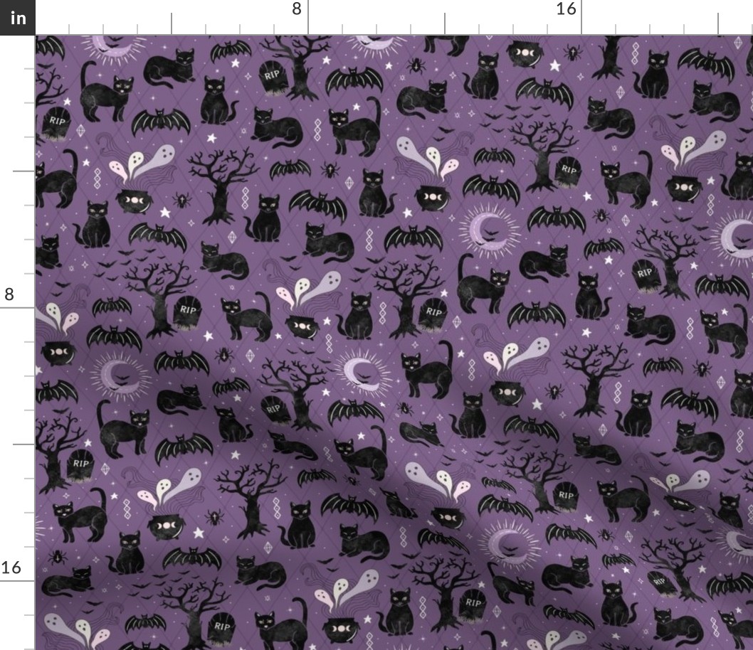 Black cats and bats witchy halloween  - purple - medium