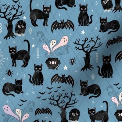 Black cats and bats witchy halloween  - blue - medium