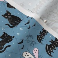 Black cats and bats witchy halloween  - blue - medium