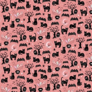 Black cats and bats witchy halloween  - coral - medium