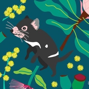 Large Tasmanian Devil Surrounded By Australian Flora with Dark Teal Background