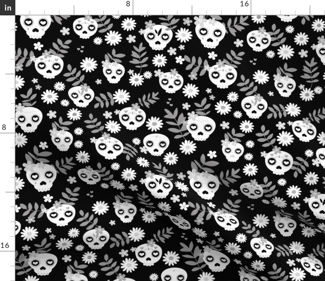 Day of the dead dia de los muertos mexican inspired skulls and bones boho halloween theme black and white monochrome