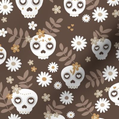 Day of the dead dia de los muertos mexican inspired skulls and bones boho halloween theme chocolate beige orange seventies retro 