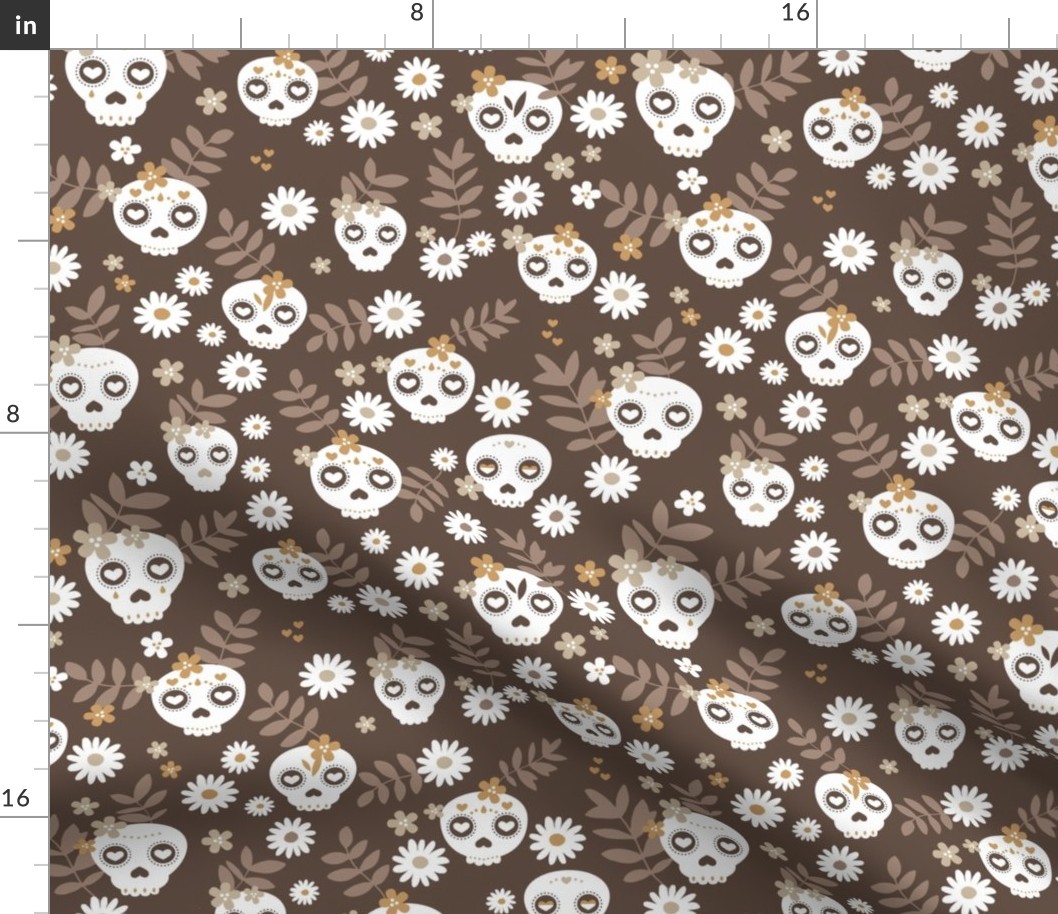 Day of the dead dia de los muertos mexican inspired skulls and bones boho halloween theme chocolate beige orange seventies retro 