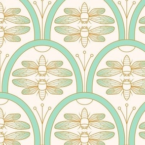 Retro Cicada Damask Pattern in Mint Green, Cream Beige and Golden Color, Art Deco