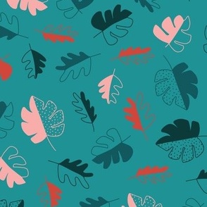 Teal and Pink Monstera Leaves Tropical Pattern