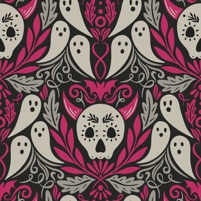 Spooky Skulls & Ghastly Ghosts - Medium Scale Pink Gray