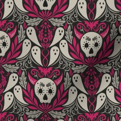 Spooky Skulls & Ghastly Ghosts - Small Scale Pink Gray