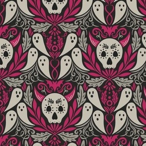 Spooky Skulls & Ghastly Ghosts - Small Scale Pink Gray