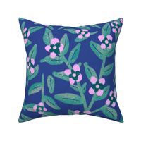 Hand-drawn Floral Vines - Pink Blossoms On a Navy Blue Background