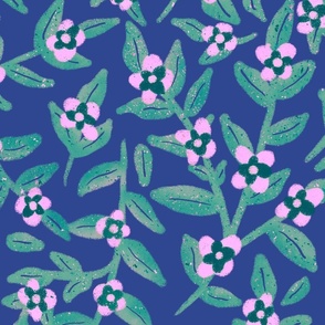 Hand-drawn Floral Vines - Pink Blossoms On a Navy Blue Background