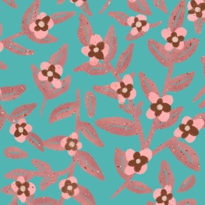Hand-drawn Floral Vines - Pink Blossoms and a Teal Background