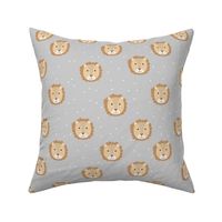 Sweet baby lion cub adorable kawaii kids wild animals neutral caramel honey on gray