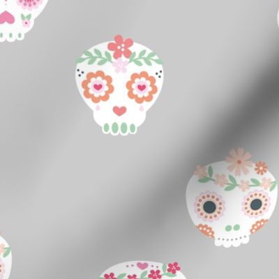 Boho dia de los muertos skulls with lush flowers and leaves Mexican halloween design pink white green on gray LARGE