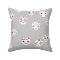 Boho dia de los muertos skulls with lush flowers and leaves Mexican halloween design pink white green on gray LARGE