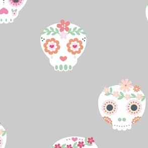 Boho dia de los muertos skulls with lush flowers and leaves Mexican halloween design pink white green on gray LARGE