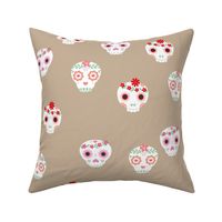 Boho dia de los muertos skulls with lush flowers and leaves Mexican halloween design pink red white green on neutral beige latte LARGE