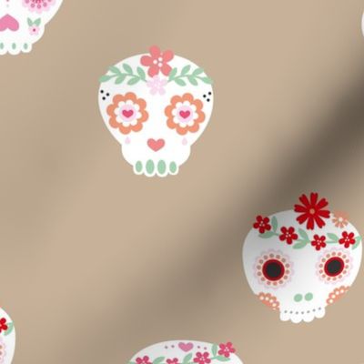 Boho dia de los muertos skulls with lush flowers and leaves Mexican halloween design pink red white green on neutral beige latte LARGE