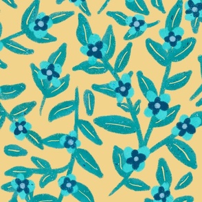 Hand-drawn Floral Vines - Aqua Blossoms and a Yellow Background