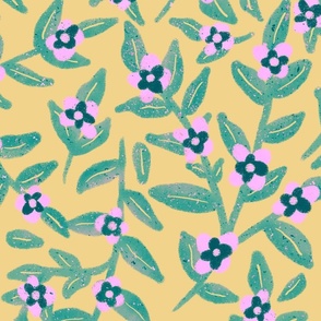 Hand-drawn Floral Vines - Pink Blossoms on a Tan Background