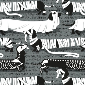 Large scale // Spooktacular long dachshunds // green grey background halloween mummy ghost and skeleton dogs