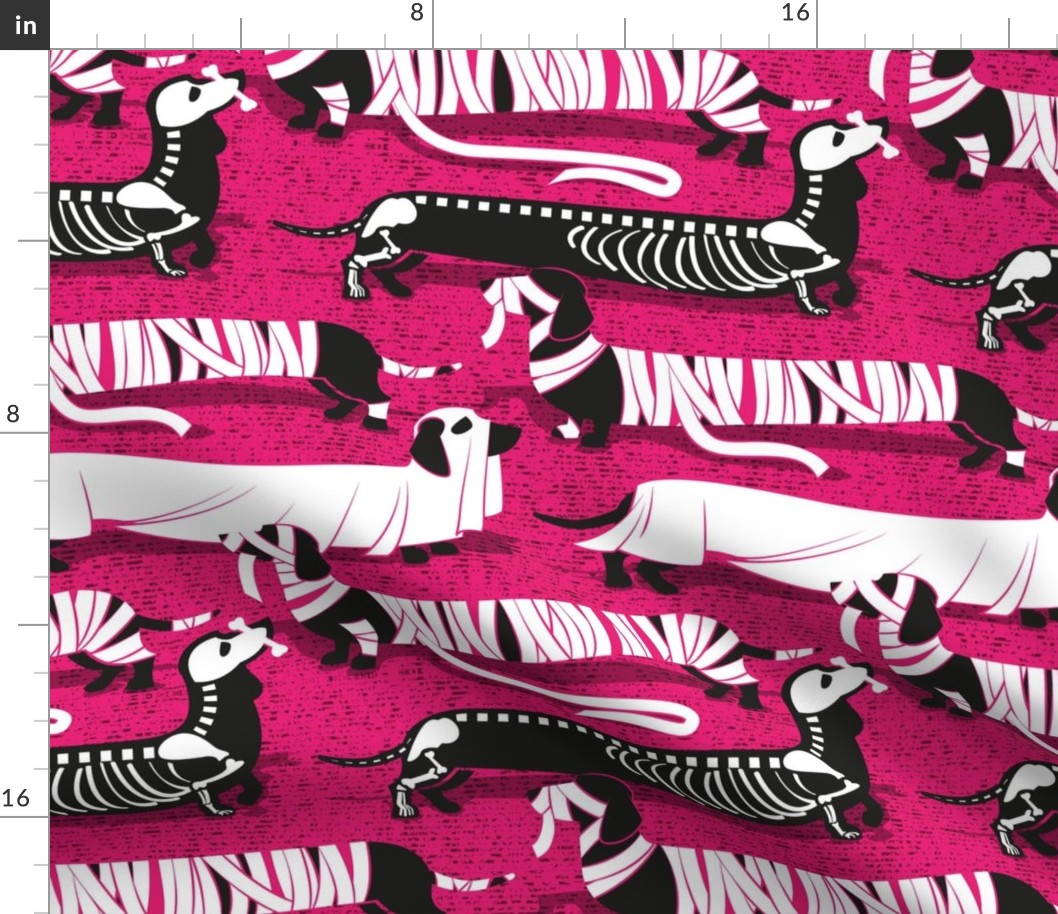 Normal scale // Spooktacular long dachshunds // fuchsia pink background halloween mummy ghost and skeleton dogs