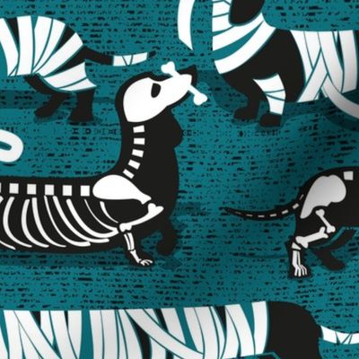 Normal scale // Spooktacular long dachshunds // teal background halloween mummy ghost and skeleton dogs