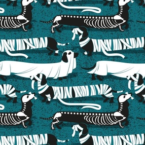 Normal scale // Spooktacular long dachshunds // teal background halloween mummy ghost and skeleton dogs