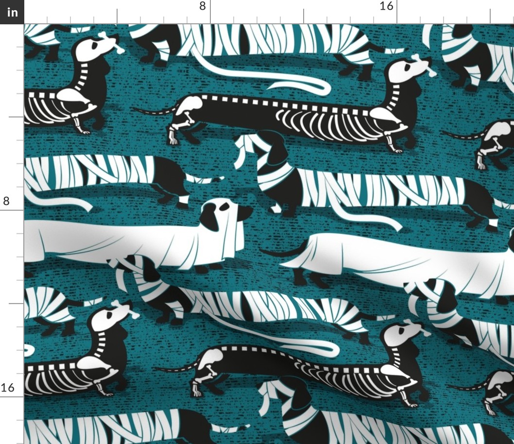 Normal scale // Spooktacular long dachshunds // teal background halloween mummy ghost and skeleton dogs