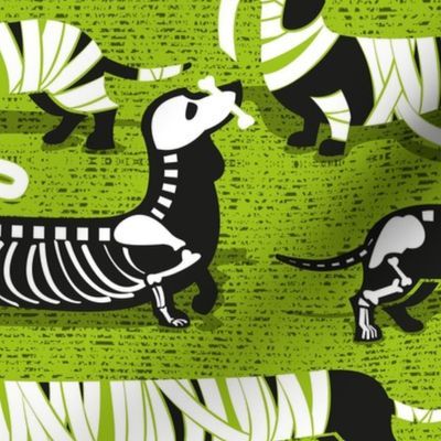 Normal scale // Spooktacular long dachshunds // bahia green background halloween mummy ghost and skeleton dogs