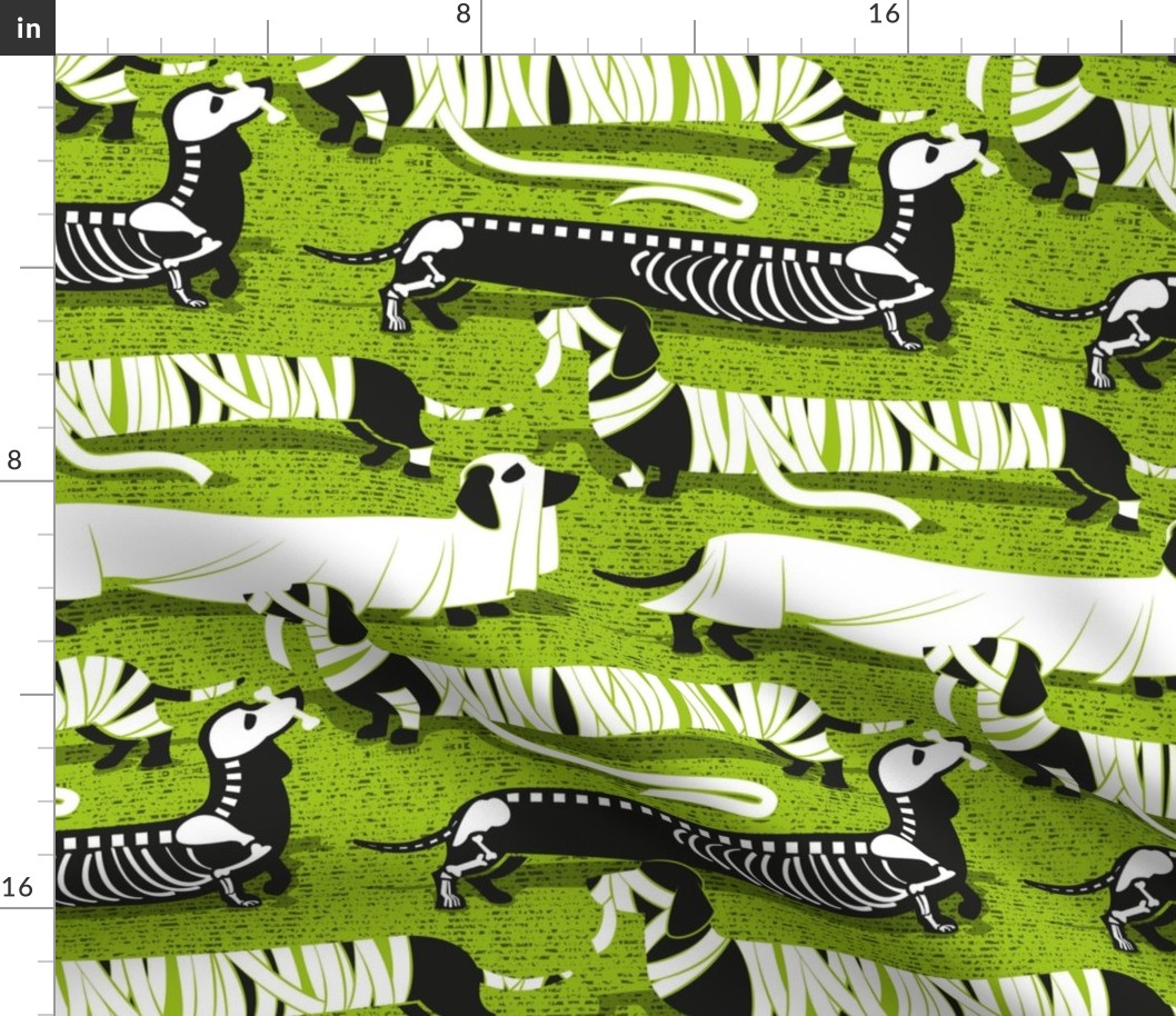 Normal scale // Spooktacular long dachshunds // bahia green background halloween mummy ghost and skeleton dogs