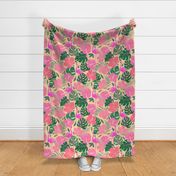 Bright Flamingo with Hibiscus Flowers, Monstera Leaves, and Palms on Tan