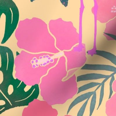 Bright Flamingo with Hibiscus Flowers, Monstera Leaves, and Palms on Tan