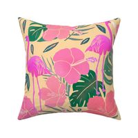 Bright Flamingo with Hibiscus Flowers, Monstera Leaves, and Palms on Tan