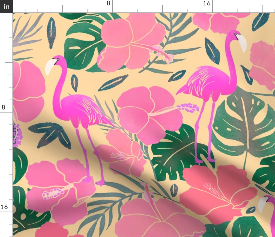 Bright Flamingo with Hibiscus Flowers, Monstera Leaves, and Palms on Tan