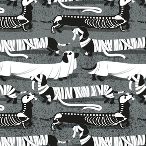 Normal scale // Spooktacular long dachshunds // green grey background halloween mummy ghost and skeleton dogs