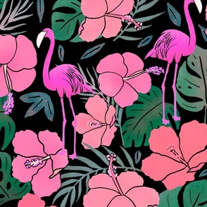 Bright Flamingo with Hibiscus Flowers, Monstera Leaves, and Palms on Black