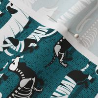 Small scale // Spooktacular long dachshunds // teal background halloween mummy ghost and skeleton dogs