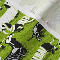 Small scale // Spooktacular long dachshunds // bahia green background halloween mummy ghost and skeleton dogs