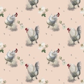 Rooster and hen on light pink