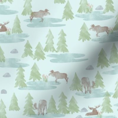 Watercolor Woodland Forest Moose in Blue