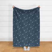 Misty Night Sky - Full Moons on Dark Indigo | Night sky fabric, block printed moons and stars on linen pattern and arashi shibori, pole wrapping tie-dye, constellations, dark blue, navy, blue and white.