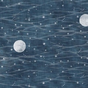 Misty Night Sky - Full Moons on Dark Indigo | Night sky fabric, block printed moons and stars on linen pattern and arashi shibori, pole wrapping tie-dye, constellations, dark blue, navy, blue and white.