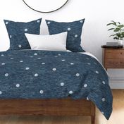 Misty Night Sky - Full Moons on Dark Indigo (large scale) | Night sky fabric, block printed moons and stars on linen pattern and arashi shibori, pole wrapping tie-dye, constellations, dark blue, navy, blue and white.