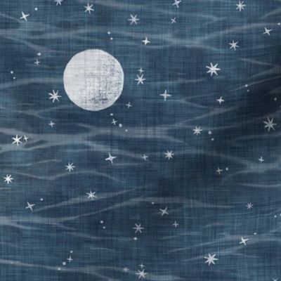 Misty Night Sky - Full Moons on Dark Indigo (large scale) | Night sky fabric, block printed moons and stars on linen pattern and arashi shibori, pole wrapping tie-dye, constellations, dark blue, navy, blue and white.